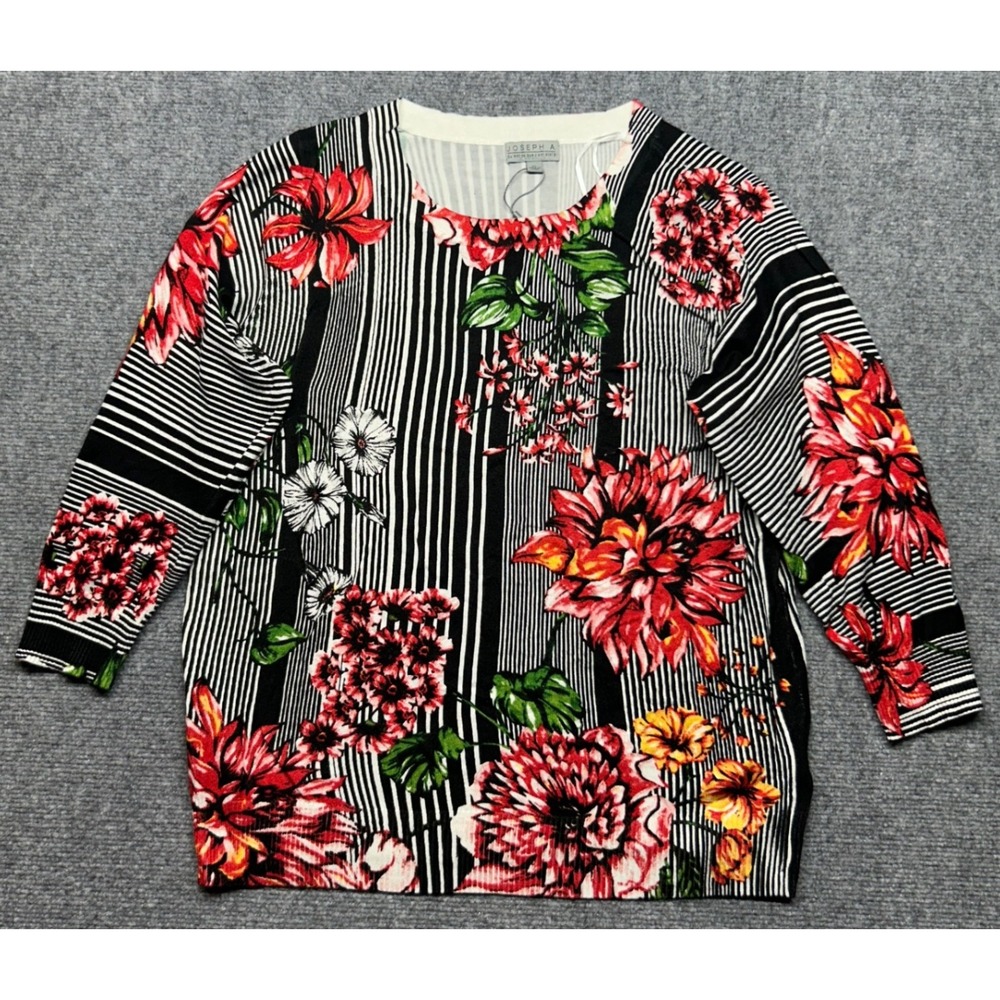 Joseph A Blouse Womens XL Striped Floral Print Long Sleeve Crew Neck Top New